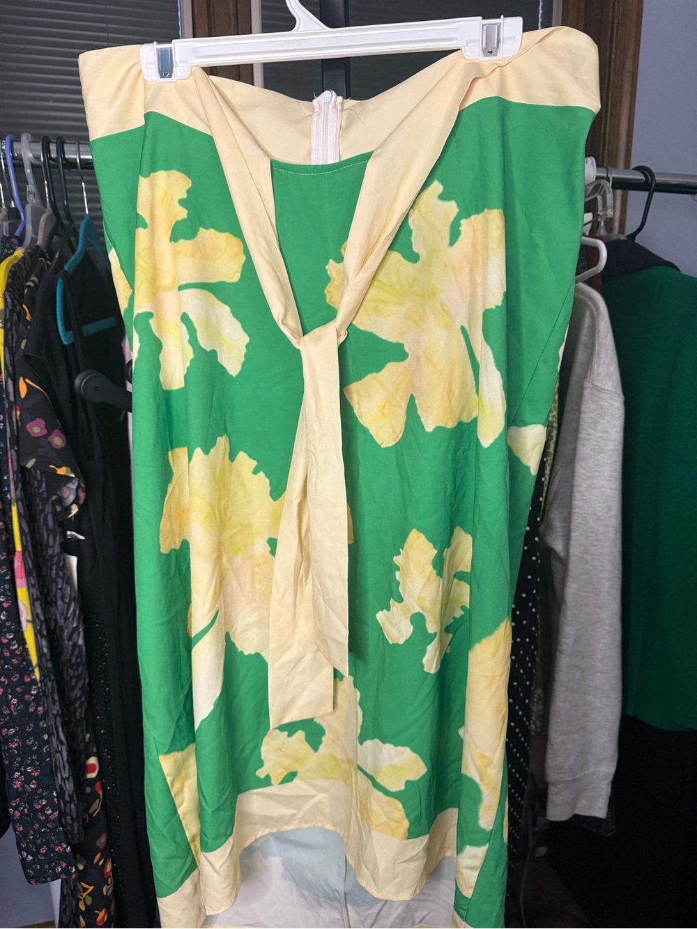 Women's Green and Yellow Floral Tie-Neck Top